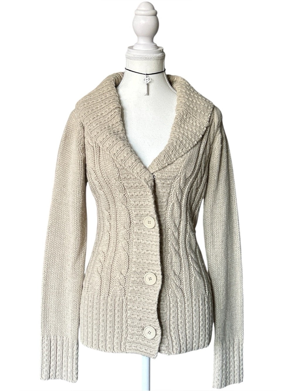 Y2K Coquette “Suzy Shier” Beige Chunky Cable Knit Button-up Sweater